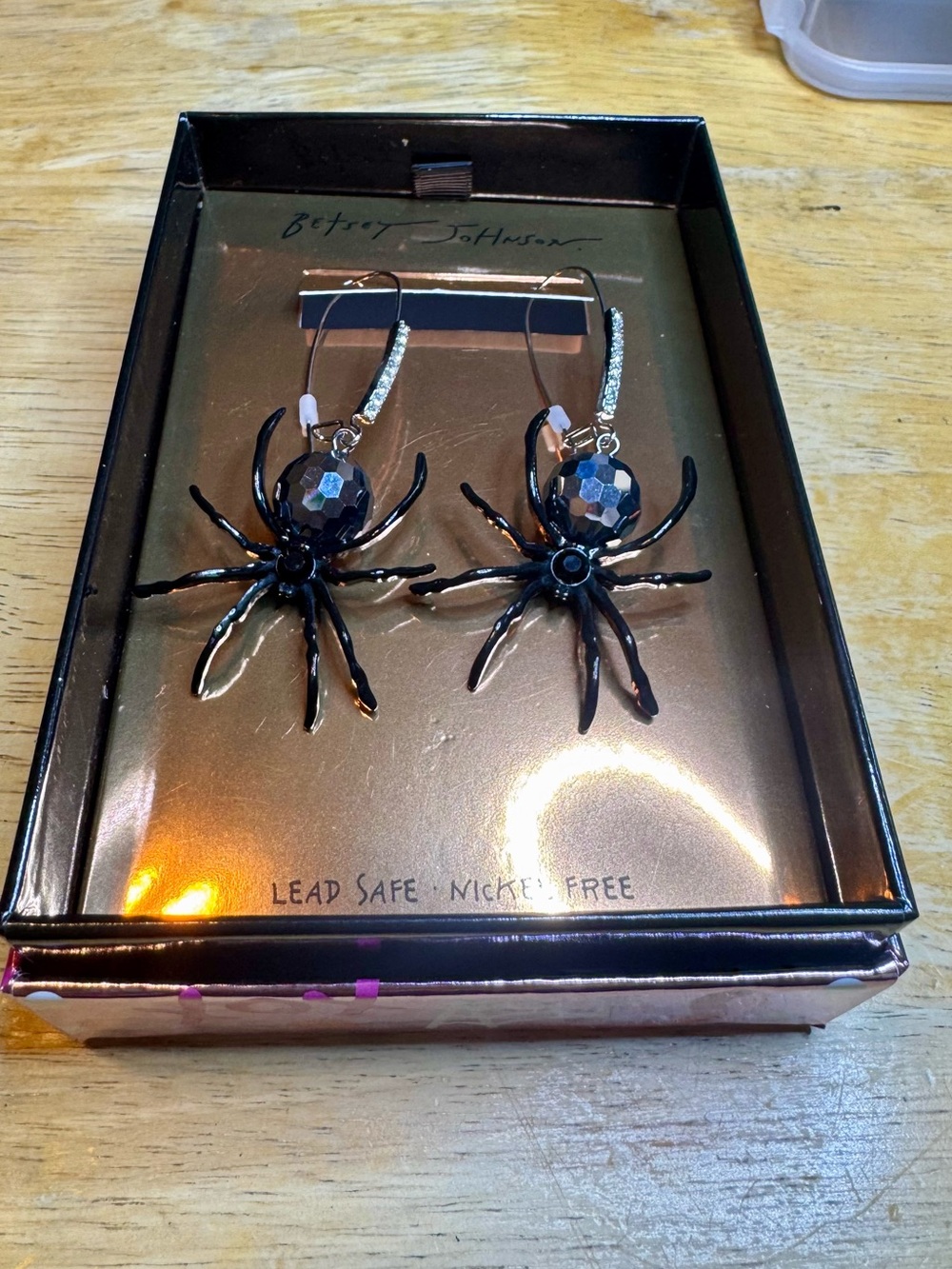 Betsey Johnson Black Spider Drop Earrings with Faceted Beads